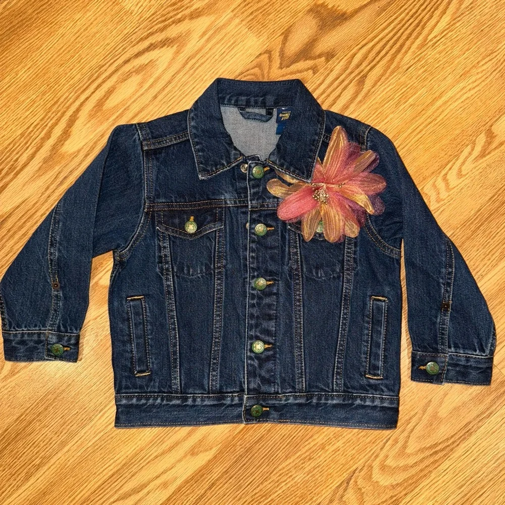 OshKosh B'gosh‎ Upcycled Dark Blue Jean Jacket with Pink Brocade Detail